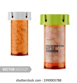 Orange transparent medication bottle with pills. Vector illustration. Contains an accurate mesh to wrap your artwork with the correct envelope distortion. Photo-realistic packaging mockup with sample.