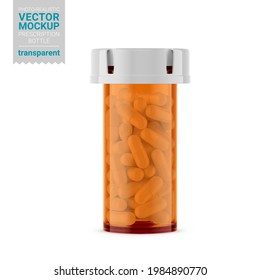 Orange transparent prescription bottle with pills. Vector 3d illustration. Contains an accurate mesh to wrap your artwork with the correct envelope distortion. Photo-realistic packaging vector mockup.