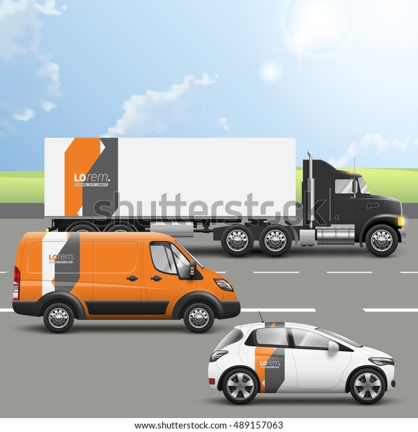 Orange transport advertising design with white\
and gray geometric elements. Templates of the truck, bus and\
passenger car. Corporate\
identity