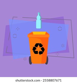 Orange trash bin and bottle. Container for glass or plastic waste with recycling sign and wheels. Garbage concept. Vector illustration can be used for topics like waste sorting, rubbish, ecology