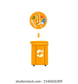 Orange trash garbage can with sorted garbage, recycling garbage industry vector Illustration