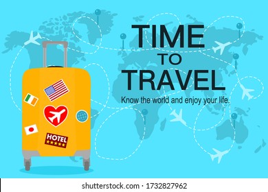 Orange Travel bag with sticker on the blue world map and airplane with text. Vacation time around the world. Enjoy international trip . Tourism, Journey concept. 