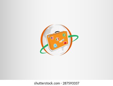 Orange travel suitcase with stickers flying around the world. 	