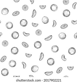 Orange tree branch with fruits, flowers and leaves. Seamless pattern, background. Graphic drawing, engraving style. Vector illustration.