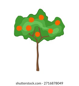 Naranjo que muestra abundantes frutas cítricas maduras, presentando una ilustración de dibujos animados simple sobre un fondo blanco, que representa alimentos saludables y crecimiento natural