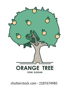 Orange tree emblem with citrus fruits. Title, brand name of natural farm products. Vector isolated on white background