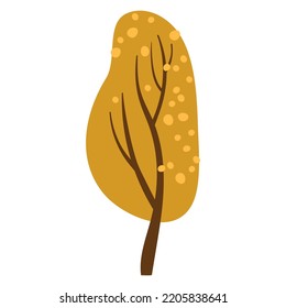 Orange tree with falling leaves. Yellow tree crown. Withering plant with golden foliage. Tree losing leaves Isolated on white background. Autumnal season golden garden tree foliage. Season changes