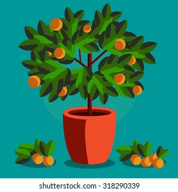 Orange tree in a flowerpot on blue background.