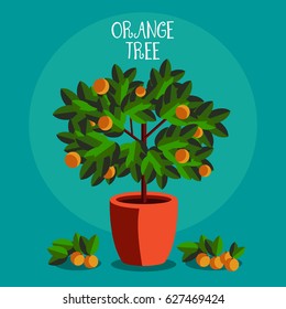 Orange tree in a flowerpot on blue background.