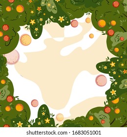 Orange tree frame template. Vector illustration. Menu design, brochure illustration. Colorful design.