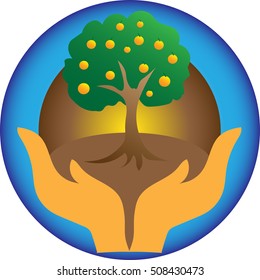orange tree in hand for save the world concept vector illustration