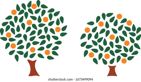 Iconos de árbol anaranjado con estilo mínimo. imagen simple de un naranjo. Árbol con hojas, frutos anaranjados y baúl.