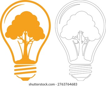 Orange tree inside light bulb silhouette and outline