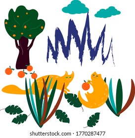 orange tree, mountains, sky, red cats playing with oranges.isolated on white.vector.