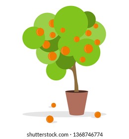 Orange tree. Realistic orange tree in a pot with hanging ripe oranges. Cartoon vector illustration of an orange tree.