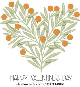 Orangefarbener Baum in Form eines Herzens. Orangen auf Zweig-Vektorgrafik. Pastellfarben Valentinstag Grußkarte botanische Illustration.