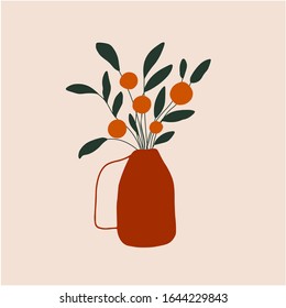 Orange tree in vase abstract illustration. Floral digital art minimalist design