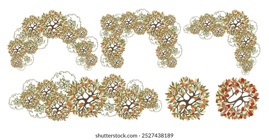 Laranjeiras para plantas baixas arquitetônicas. Elemento da vista superior. Entourage design para o plano de projeto de paisagem. Ilustração vetorial.