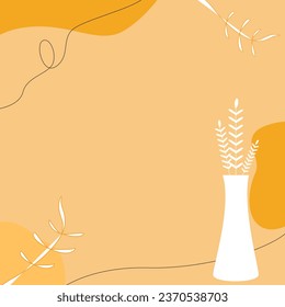 Orange trendy abstract square art templates with leaf in a vase and geometric elements.  Vector background for social media posts, mobile apps, banners design. 