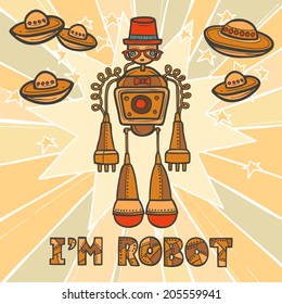 Orange trendy robot hipster retro humanoid with mustaches and space background design poster vector illustration