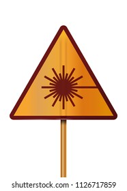 Orange triangular sign with a laser hazard symbol. Triangular danger warning sign on a metal pole. Vector illustration isolated on white background