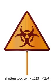 Orange triangular sign with a red biohazard symbol. Biological hazard. Triangular danger warning sign on a metal pole. Vector illustration isolated on white background
