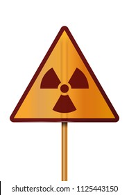 Orange triangular sign with a red ionizing radiation symbol. Danger of radiation contamination. Triangular danger warning sign on a metal pole. Vector illustration isolated on white background