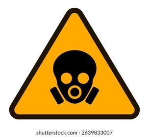 Orange triangular warning sign featuring a skull wearing a gas mask, symbolizing the presence of hazardous materials and the need for respiratory protection