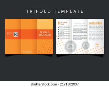 Orange Trifold brochure, autumn sale. Flyer about discounts for autumn goods.