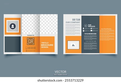 Orange trifold brochure with geometric shapes.
