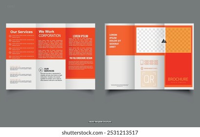 Orange trifold brochure, newspaper. Trifold Print Ready Brochure Template. Vector illustration