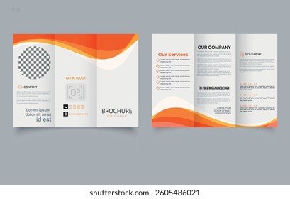 Orange trifold brochure with shapes, waves. Ready Brochure.