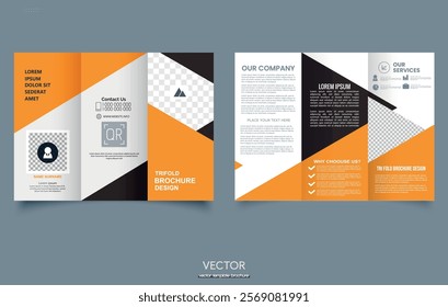 Orange trifold brochure with triangles.