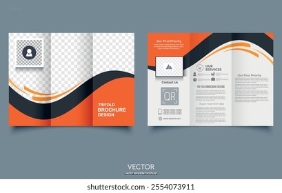 Orange trifold brochure with waves.