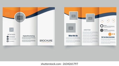 Orange trifold brochure with waves. Fully editable layout with placeholders and icons.