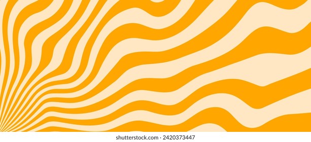 Orange trippy burst lines background. Psychedelic wavy stripes wallpaper. Groovy twisted sunburst swirl. Distorted curly wave texture design for poster, banner, flyer, cover. Vector backdrop