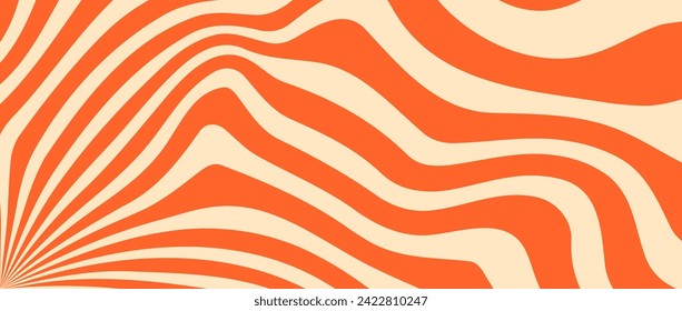 Orangefarbene Trippy-Burst-Linien-Hintergrund. Psychedelische Wavy Streifen Tapete. Groovy verdrehter Sonnenbrand wirft. Verzerrte Struktur der Kurzwelle für Poster, Banner, Flyer, Cover, Druck. Vektorhintergrund