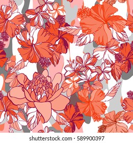 Orange tropical floral pattern flowers and plants. Blossom hibiscus, frangipani and leaves foliage. Vector hand drawn illustration on a camouflage colorful background