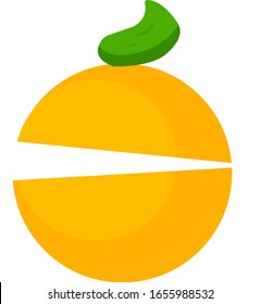 Orange tropical fruit logo for design with a slit and a bright round spot object on a white background concept of food and vitamins