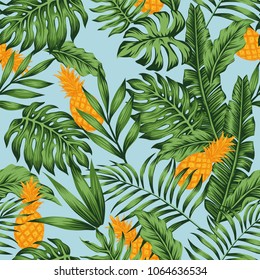 Orange tropical fruit pineapple green palm banana leaves exotic jungle blue background floral summer seamless vector pattern illustration
