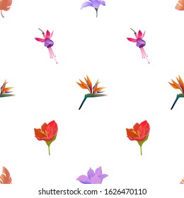 Orange Tropical Leaf. Purple Magnolia. Orange Strelitzia Reginae. Pink and Purple Fuchsia Bella. Red Amaryllis. Vector illustration. Seamless background pattern. Floral botanical flower. Wild leaf.