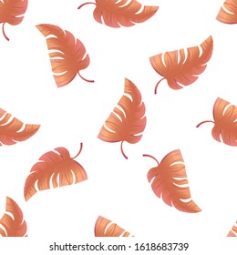 Orange Tropical Leaf. Vector illustration. Seamless background pattern. Floral botanical flower. Wild leaf wildflower isolated. Exotic tropical hawaiian jungle. Fabric wallpaper print texture.