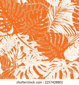 Orange tropical monstera and palm leaves wallpaper abstract vector seamless pattern  grunge effect in separate layer