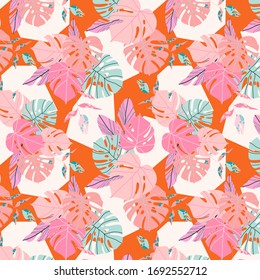 Orange tropical pattern. Seamless Caribbean exotic plants and geometric shapes. Modern hand drawn vector illustration for background, banner, textile. Summer in tropics concept.