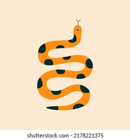 Orange tropical snake hand drawn vector illustration. Isolated exotic jungle serpent in flat style for logo or icon.