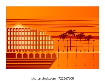 Orange tropical sunset view with hotel,  beach, palm, bay and arch bridge. Vector summer holiday flat design.