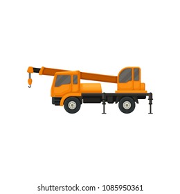 Orange truck crane. Heavy machinery with boom and hook for lifting weights. Equipment using in construction industry. Flat vector icon