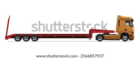 orange truck side view trailer load semi road haul dig big large long lorry empty icon logo sign design template work build auto under work power drive carry cargo wheel mover

