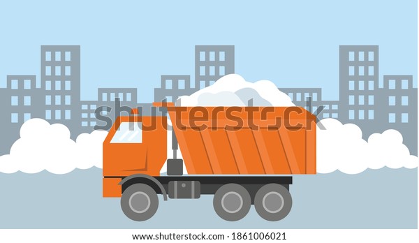 \
Orange truck with snow on the background\
of the city. Finished illustration. Winter snowfall in the city,\
the problem of cleaning and removing snow from city streets. Flat\
infographics.