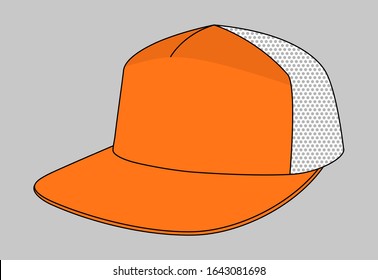 Orange Trucker Cap With White Mesh Side and Back Panels For Template On Gray Background.